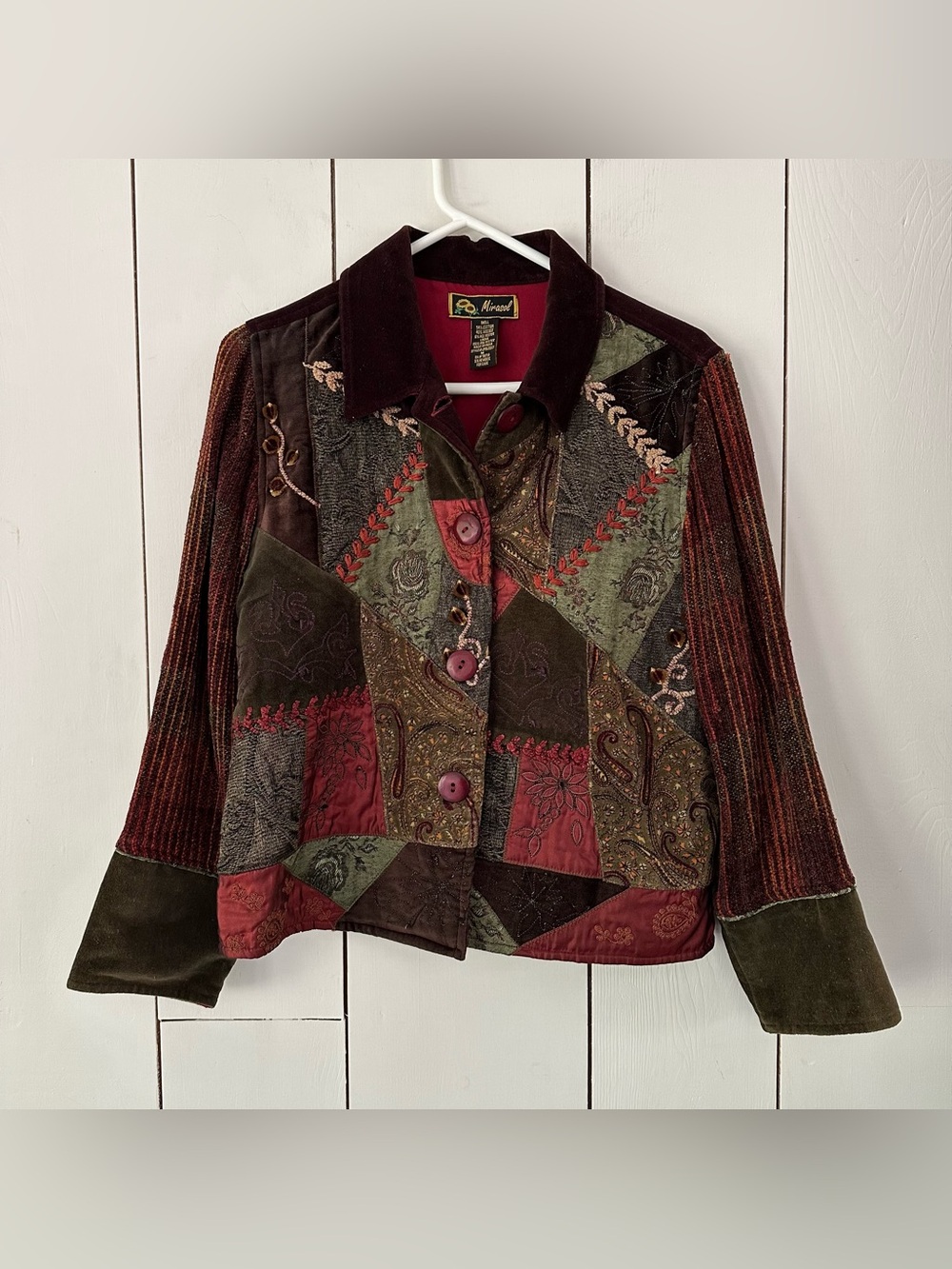 VTG Mirasol Patchwork Velvet Jacket Sz M Boho Art-To-Wear